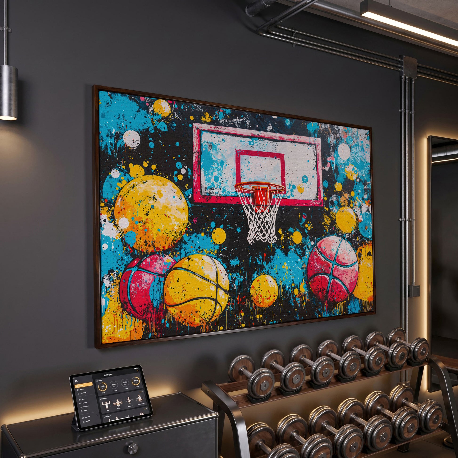 Colorful Basketball Hoop Canvas Print with Paint Splatter in dark walnut floating frame