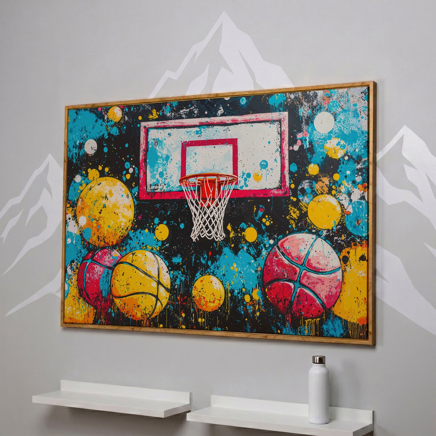Colorful Basketball Hoop Canvas Print with Paint Splatter in white oak floating frame