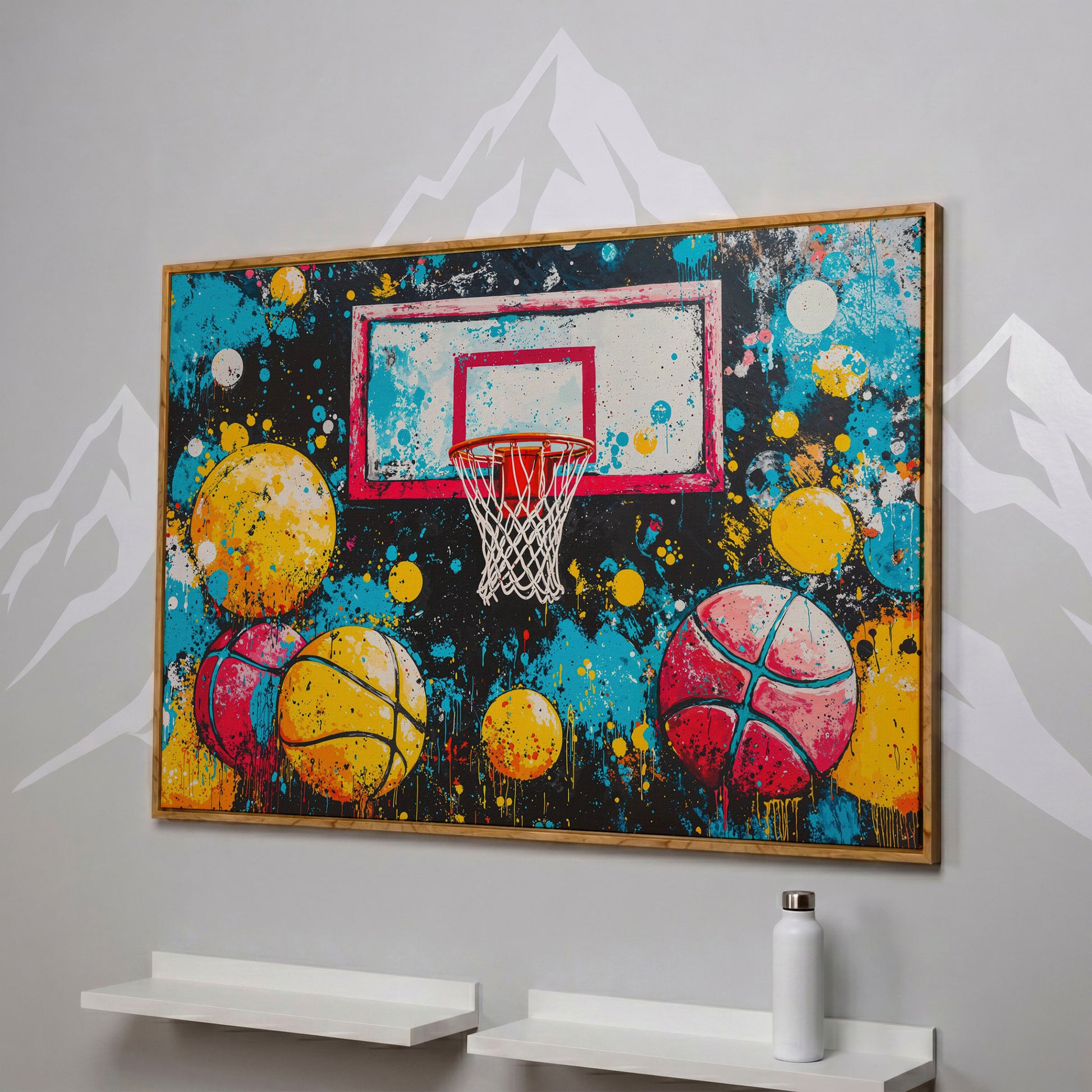 Colorful Basketball Hoop Canvas Print with Paint Splatter in white oak floating frame