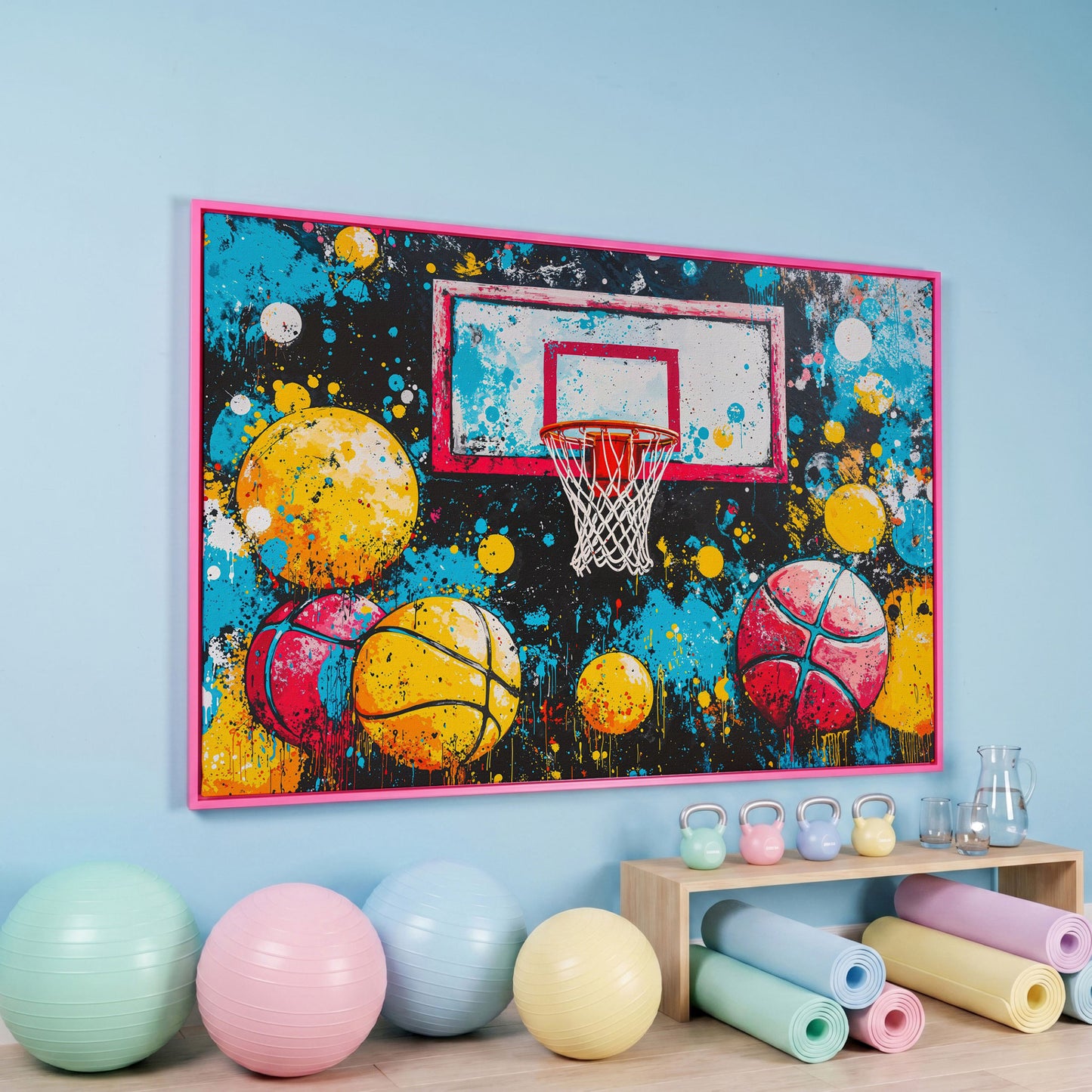 Colorful Basketball Hoop Canvas Print with Paint Splatter in pink floating frame