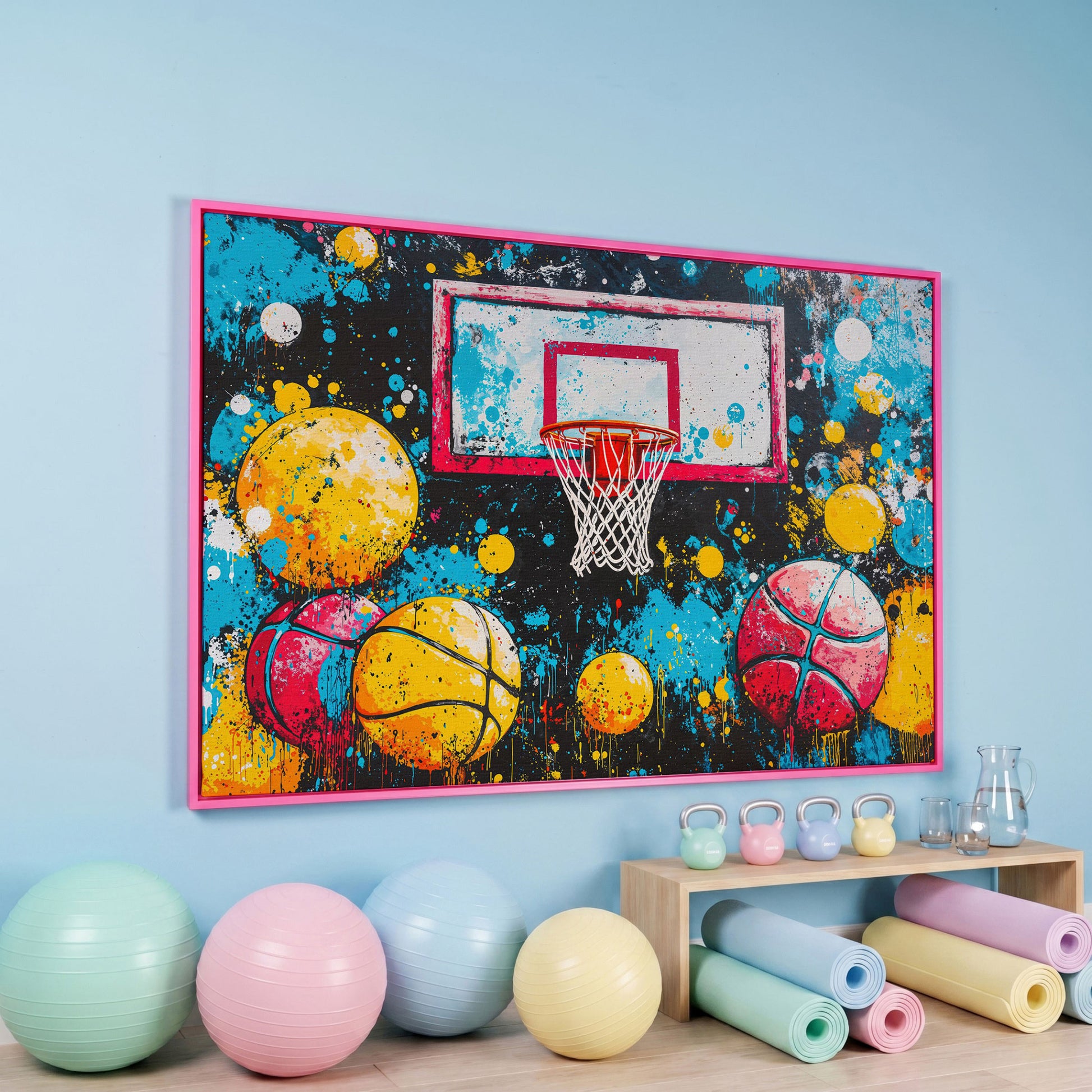 Colorful Basketball Hoop Canvas Print with Paint Splatter in pink floating frame