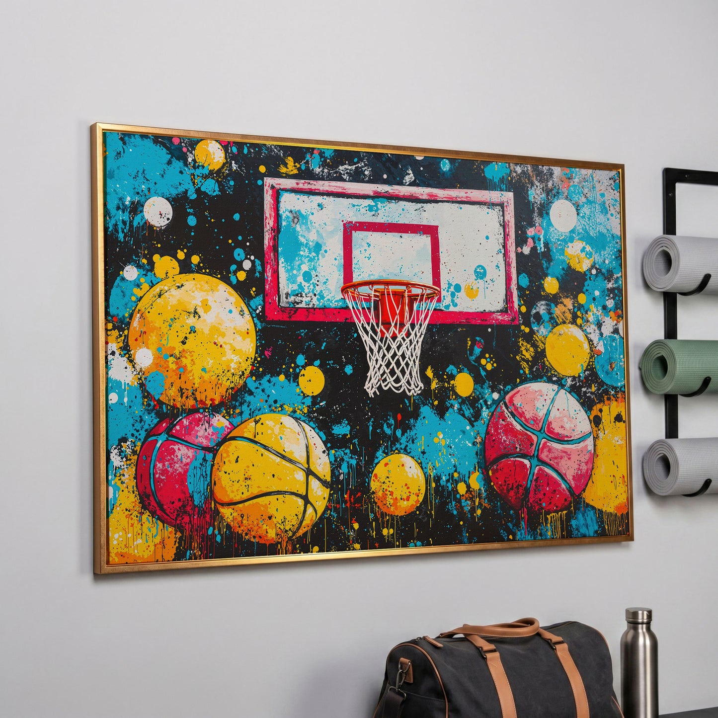 Colorful Basketball Hoop Canvas Print with Paint Splatter in rose gold floating frame