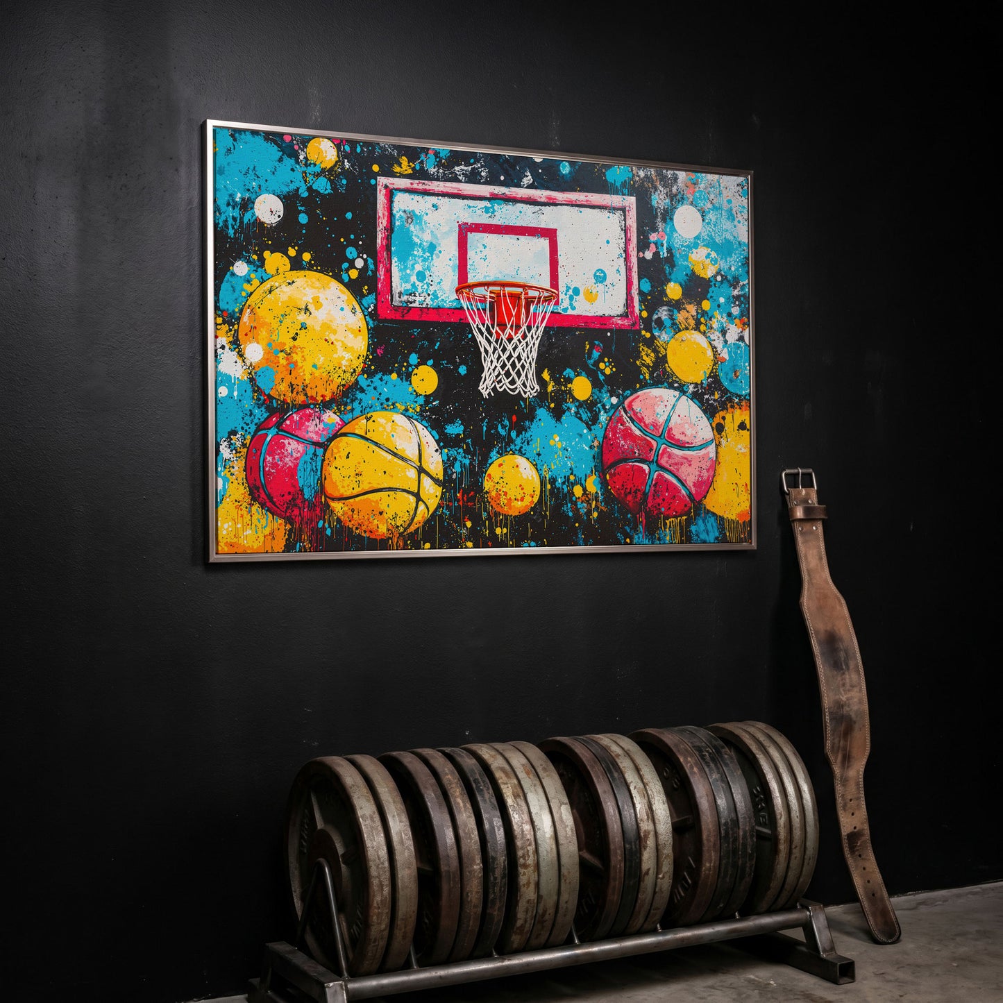 Colorful Basketball Hoop Canvas Print with Paint Splatter in silver floating frame