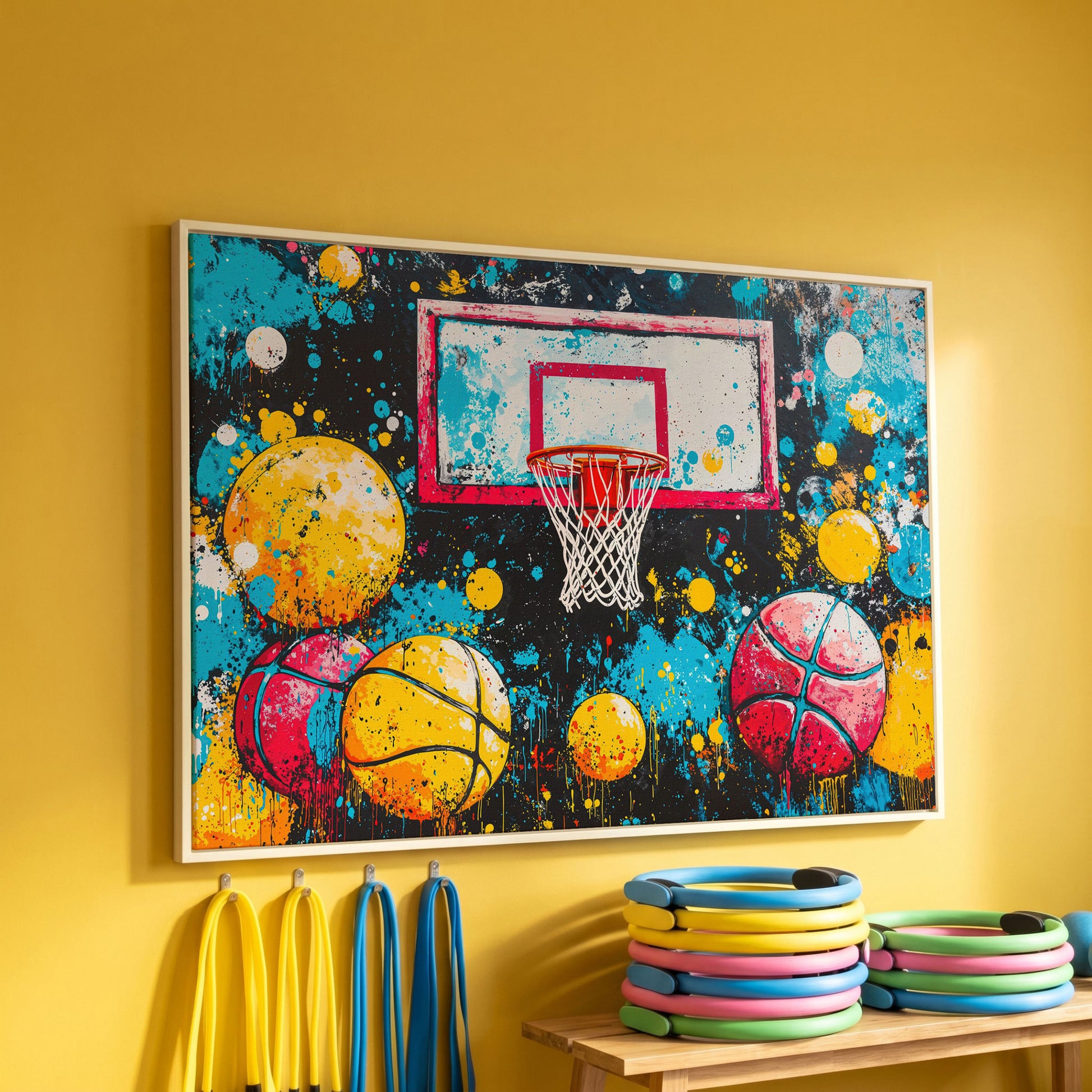 Colorful Basketball Hoop Canvas Print with Paint Splatter in white floating frame