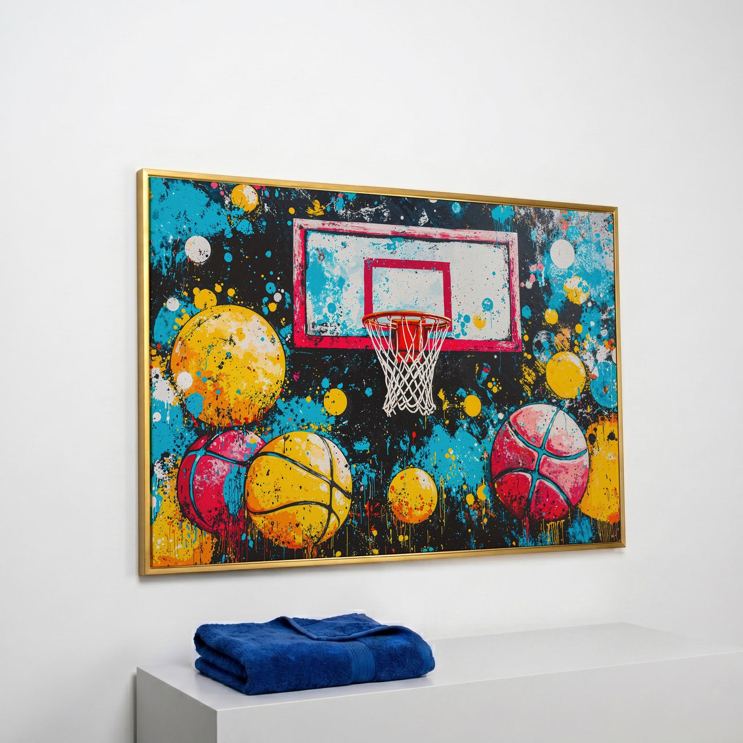Colorful Basketball Hoop Canvas Print with Paint Splatter in yellow gold floating frame