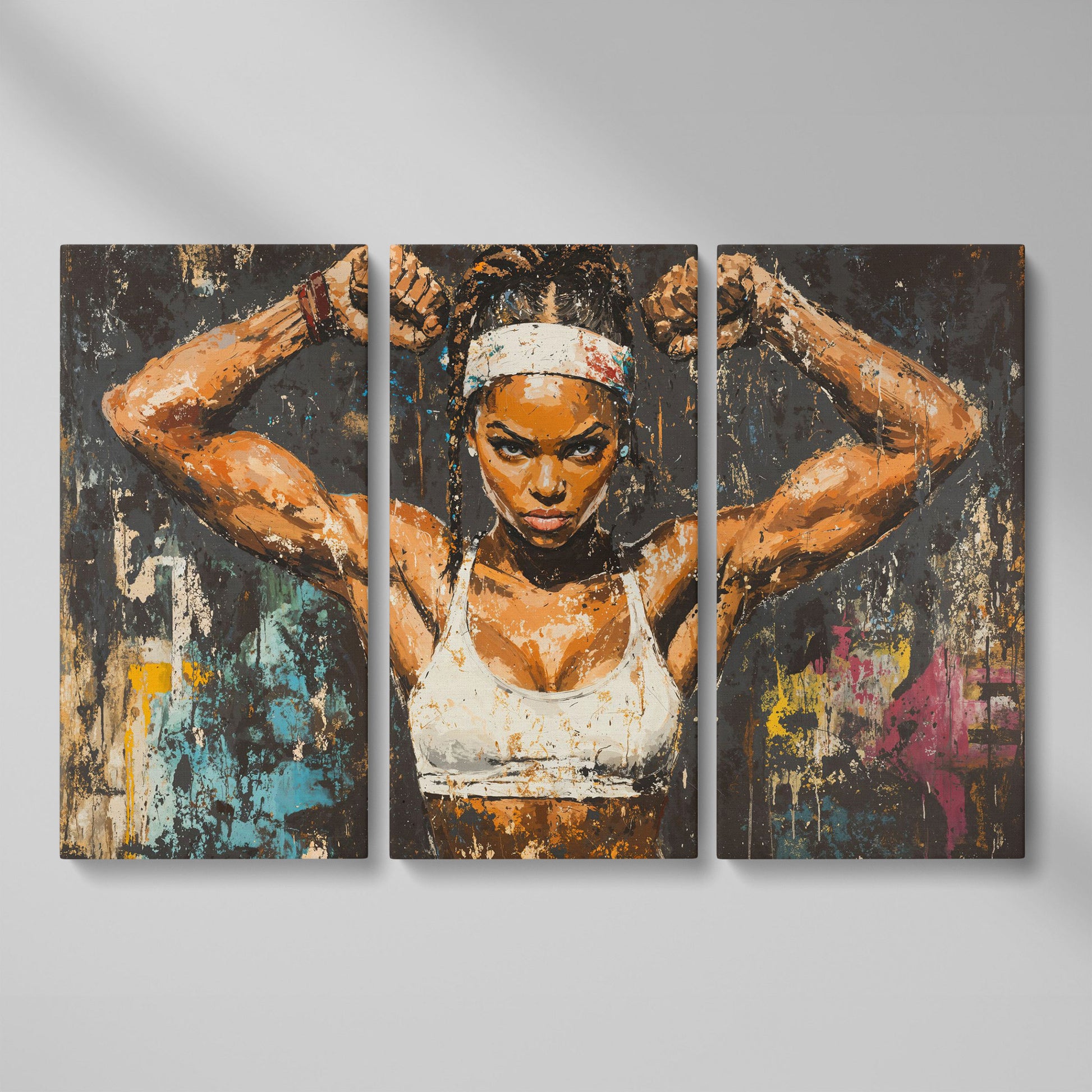 Strength Portrait Canvas: Black Woman Power Pose as 3-panel split version