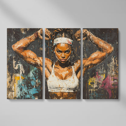 Strength Portrait Canvas: Black Woman Power Pose as 3-panel split version