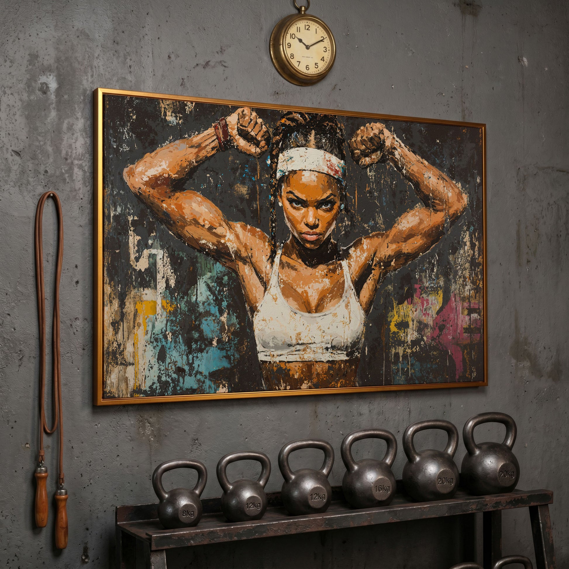 Strength Portrait Canvas: Black Woman Power Pose in antique gold floating frame
