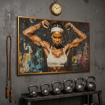 Strength Portrait Canvas: Black Woman Power Pose in antique gold floating frame