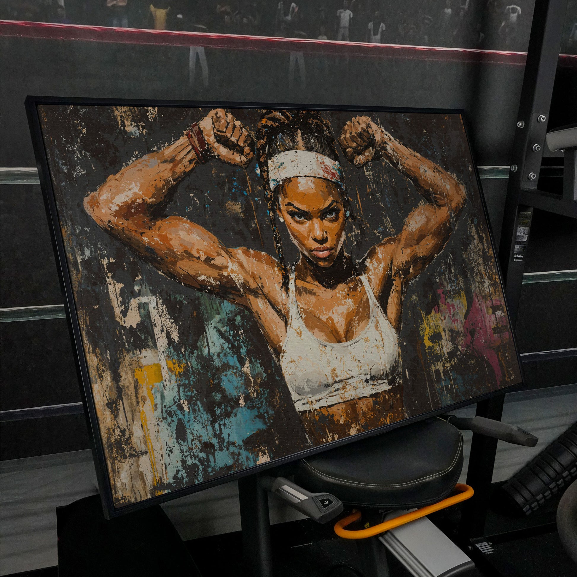 Strength Portrait Canvas: Black Woman Power Pose in black floating frame