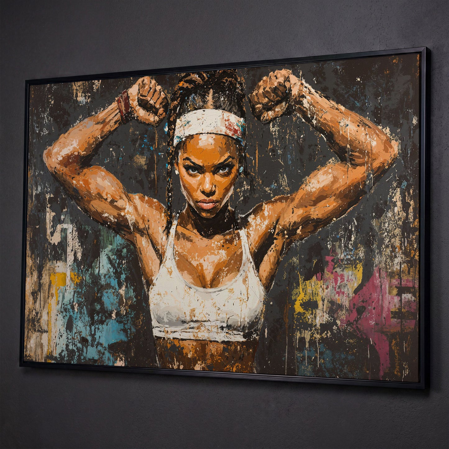 Strength Portrait Canvas: Black Woman Power Pose shown in black floating frame