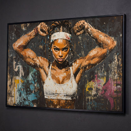 Strength Portrait Canvas: Black Woman Power Pose shown in black floating frame