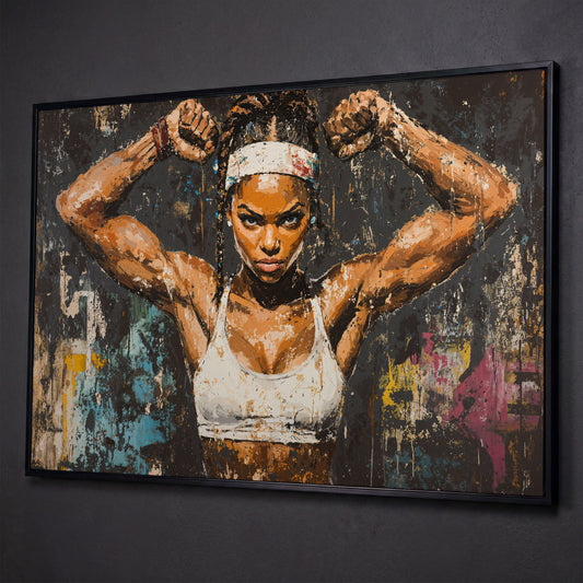 Strength Portrait Canvas: Black Woman Power Pose shown in black floating frame