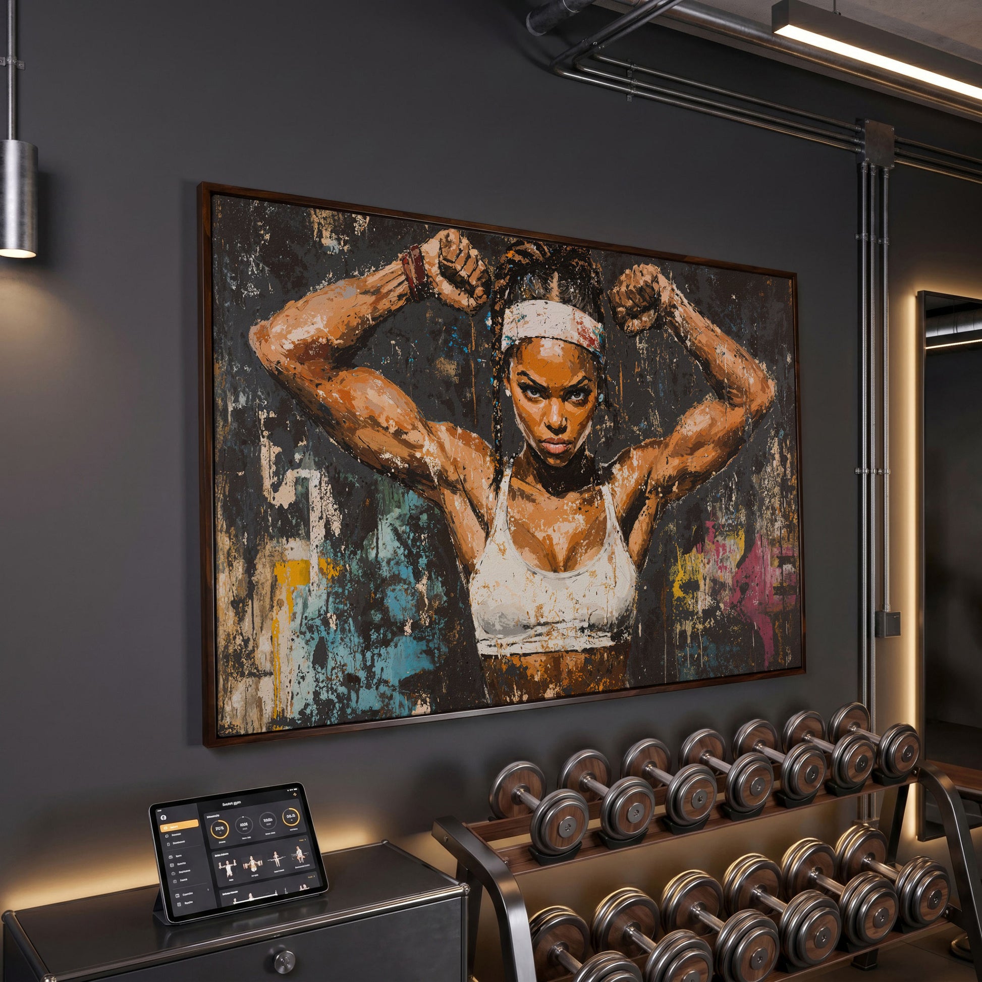 Strength Portrait Canvas: Black Woman Power Pose in dark walnut floating frame