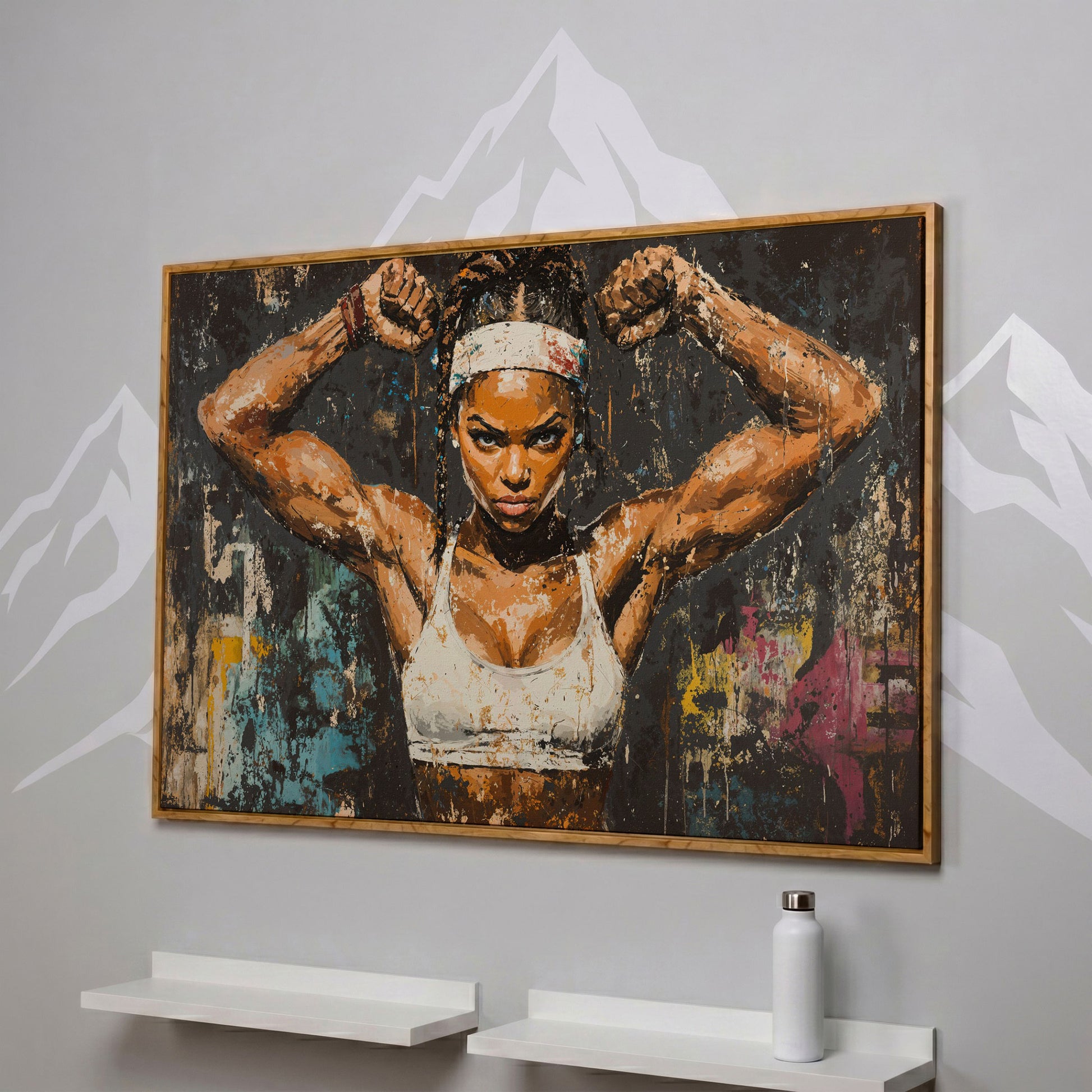 Strength Portrait Canvas: Black Woman Power Pose in white oak floating frame