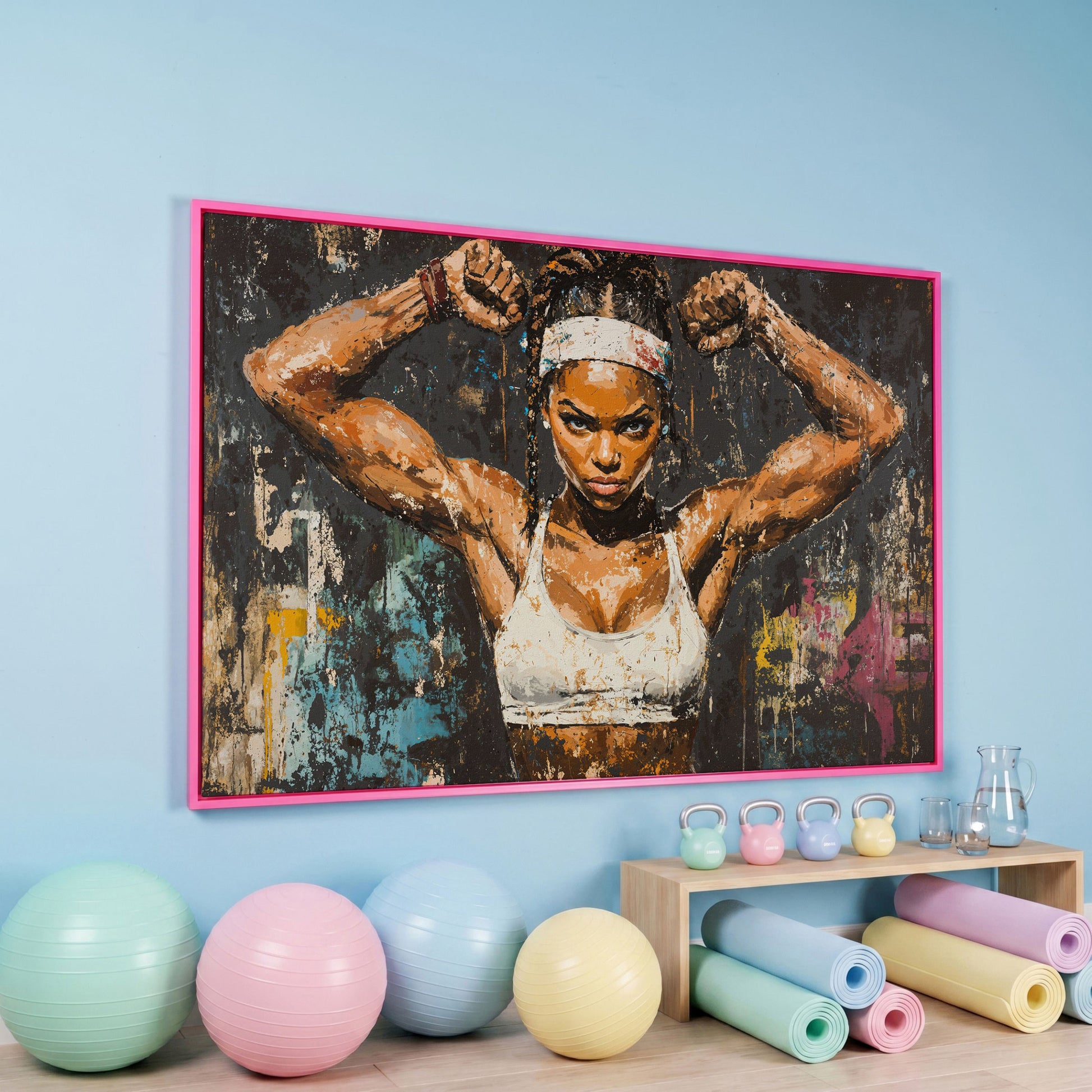 Strength Portrait Canvas: Black Woman Power Pose in pink floating frame