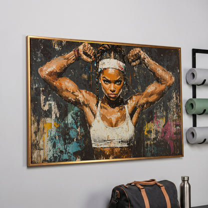 Strength Portrait Canvas: Black Woman Power Pose in rose gold floating frame