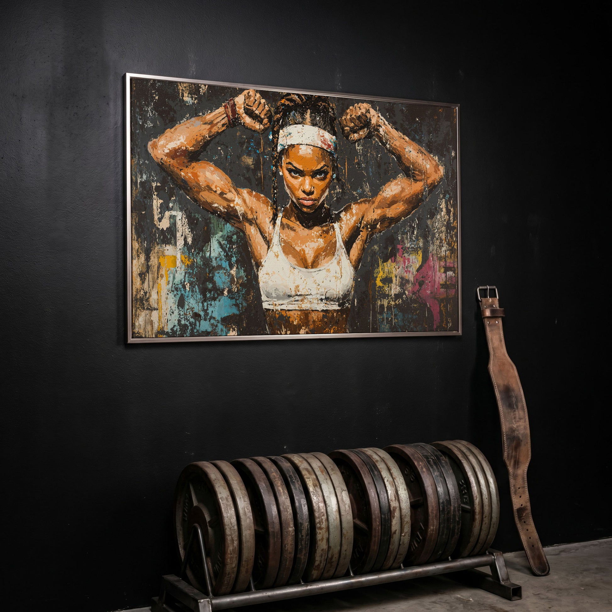 Strength Portrait Canvas: Black Woman Power Pose in silver floating frame