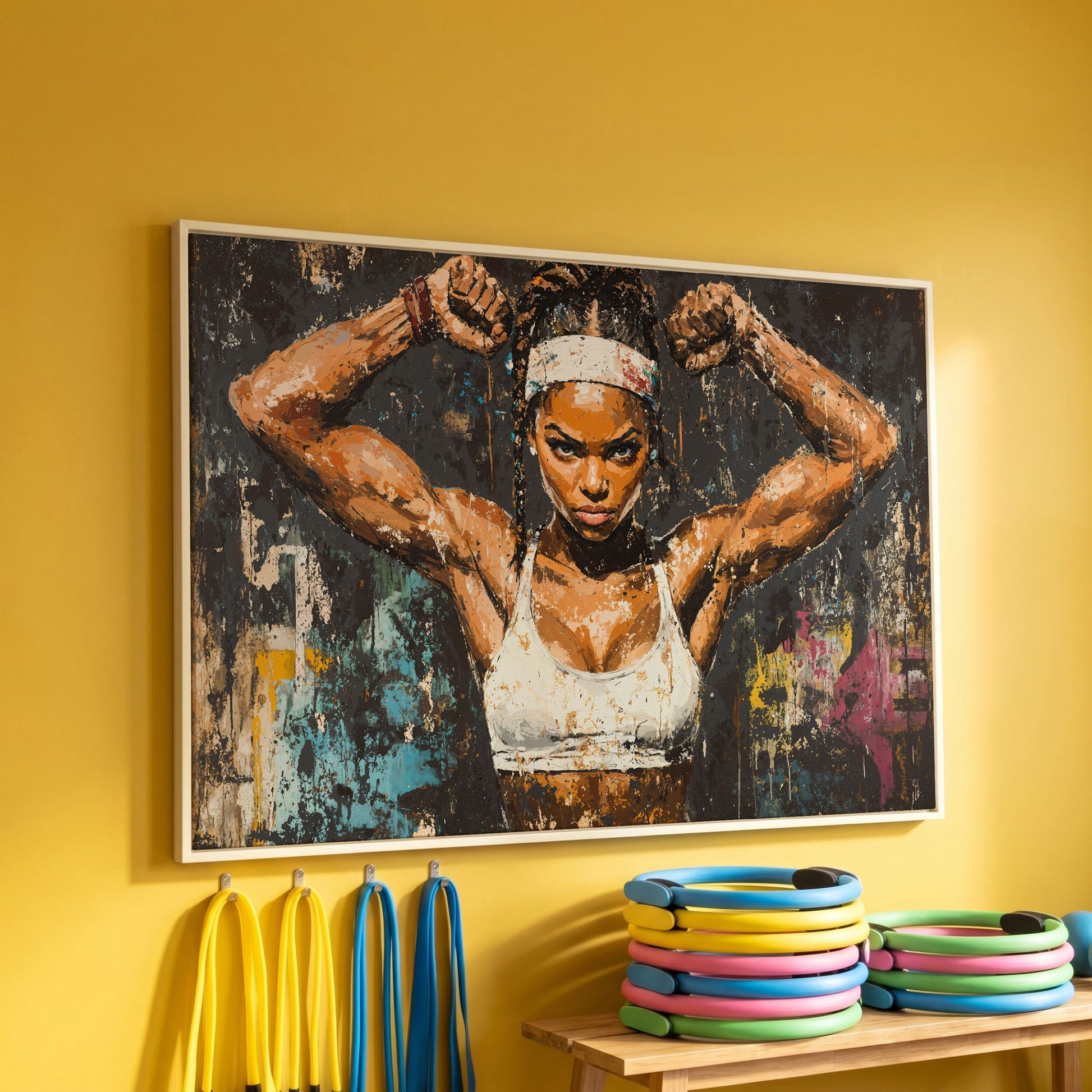 Strength Portrait Canvas: Black Woman Power Pose in white floating frame