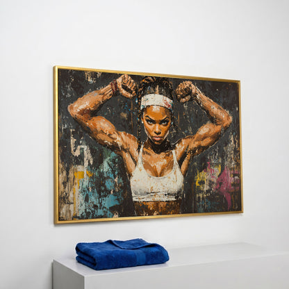 Strength Portrait Canvas: Black Woman Power Pose in yellow gold floating frame