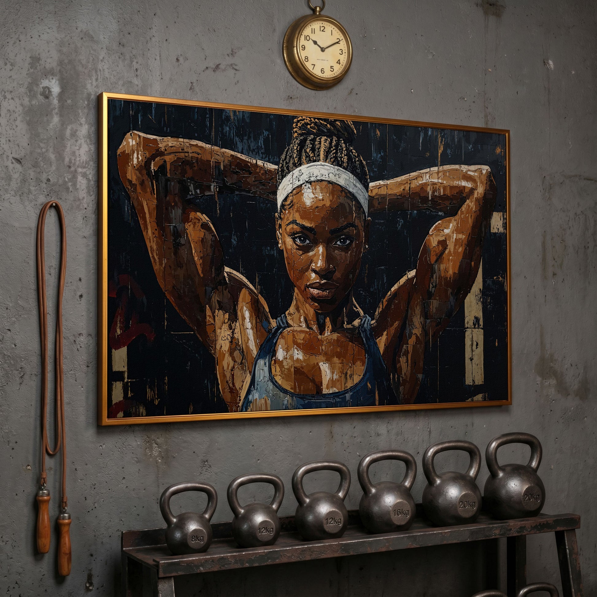 Athletic Woman Portrait Canvas Print in antique gold floating frame