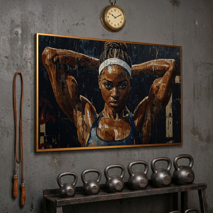 Athletic Woman Portrait Canvas Print in antique gold floating frame
