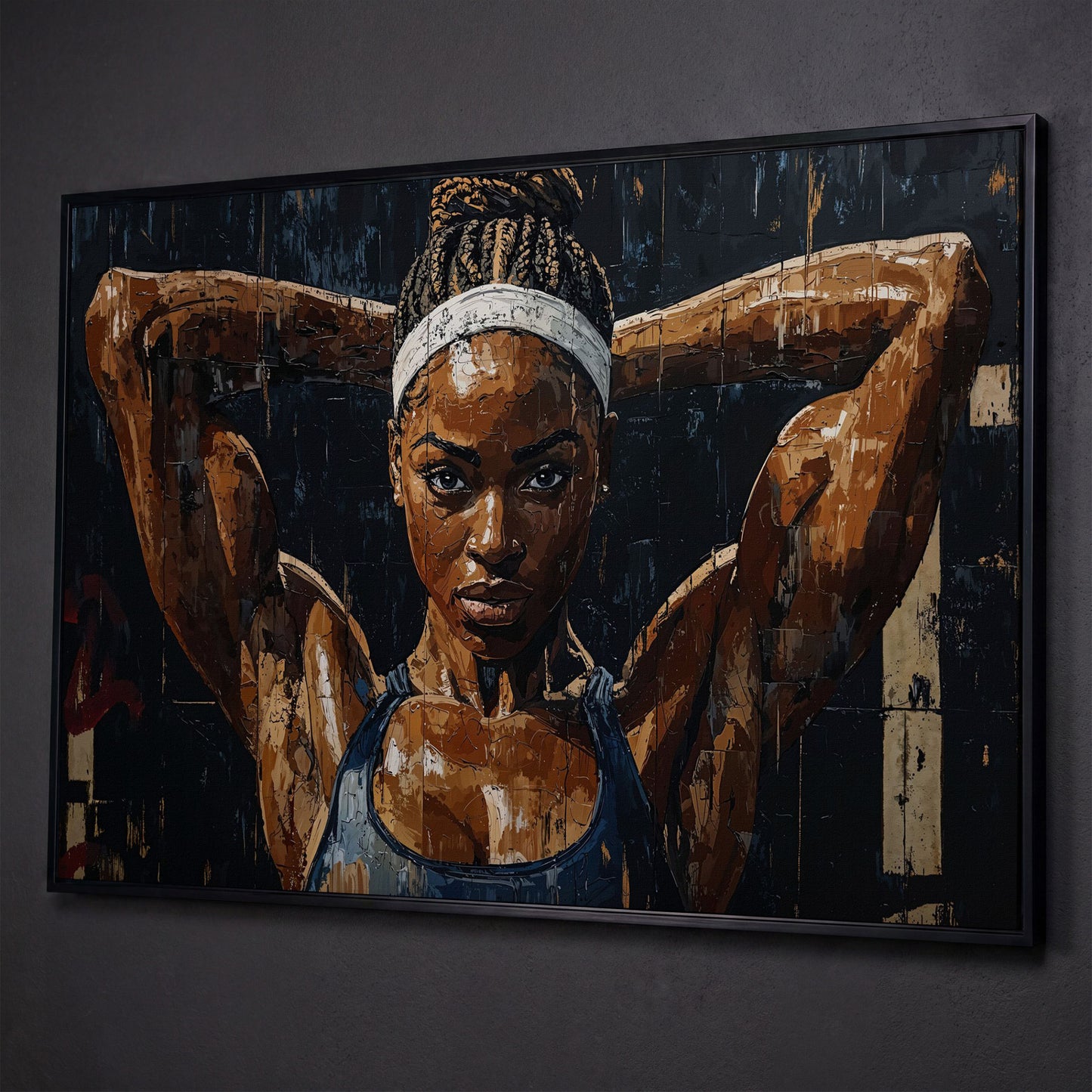 Athletic Woman Portrait Canvas Print shown in black floating frame