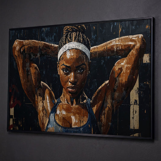 Athletic Woman Portrait Canvas Print shown in black floating frame