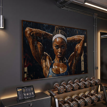 Athletic Woman Portrait Canvas Print in dark walnut floating frame