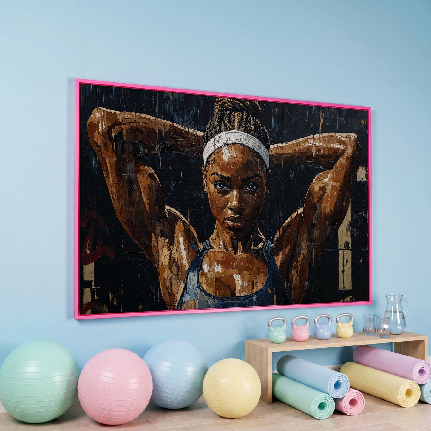Athletic Woman Portrait Canvas Print in pink floating frame