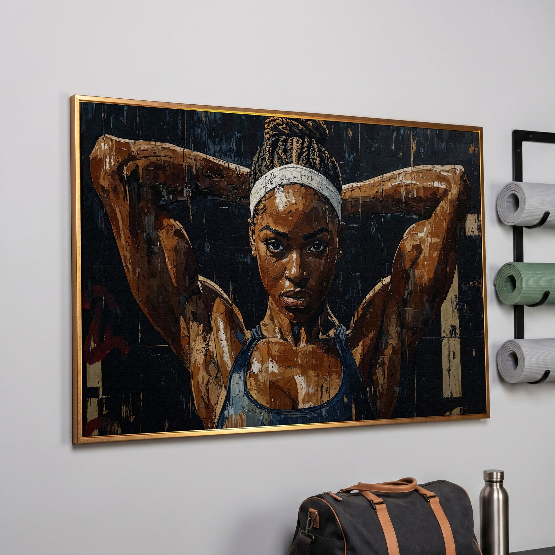 Athletic Woman Portrait Canvas Print in rose gold floating frame