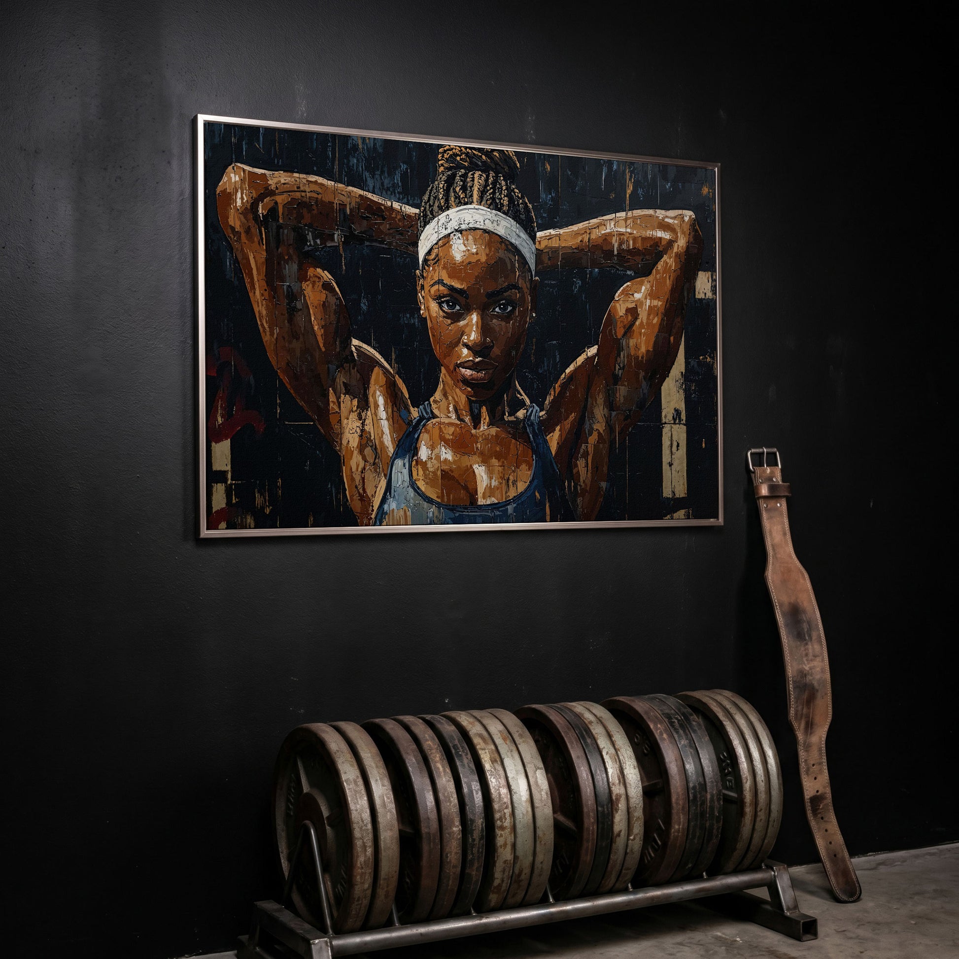 Athletic Woman Portrait Canvas Print in silver floating frame