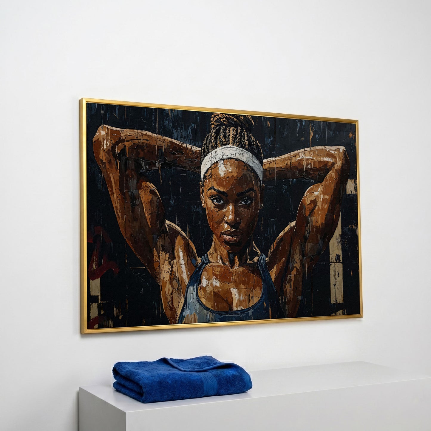 Athletic Woman Portrait Canvas Print in yellow gold floating frame