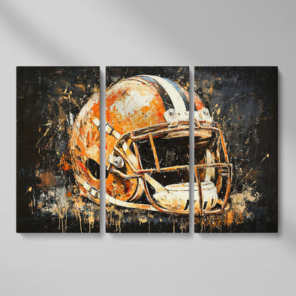 Abstract Football Helmet Canvas Print in Burnt Orange as 3-panel split version