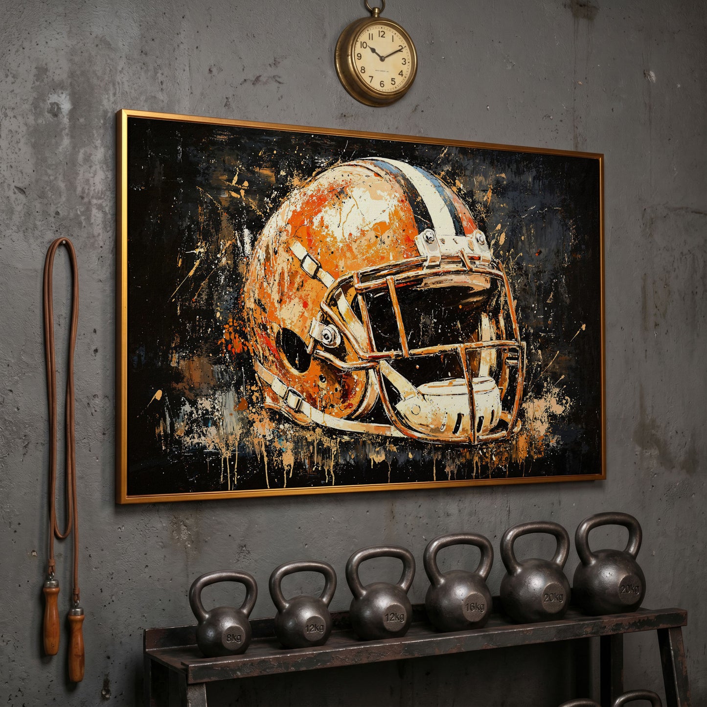 Abstract Football Helmet Canvas Print in Burnt Orange in antique gold floating frame