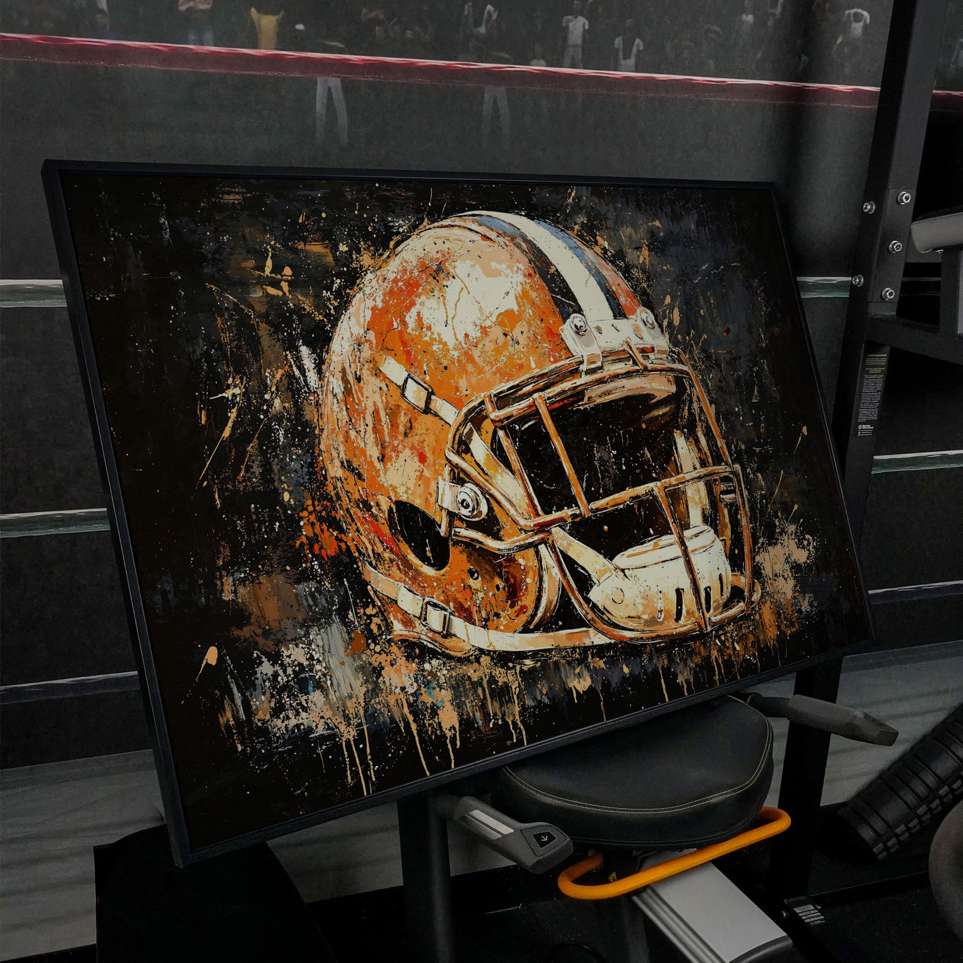 Abstract Football Helmet Canvas Print in Burnt Orange in black floating frame