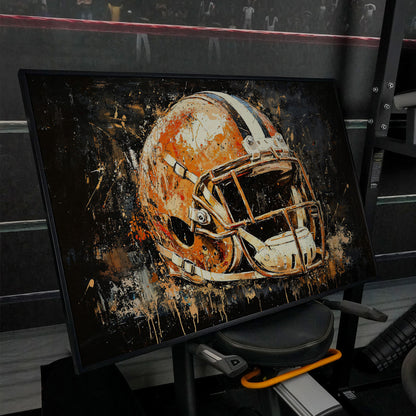 Abstract Football Helmet Canvas Print in Burnt Orange in black floating frame