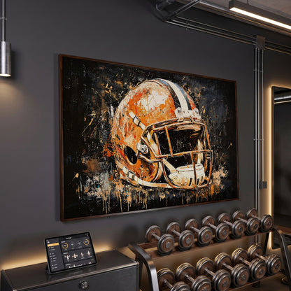 Abstract Football Helmet Canvas Print in Burnt Orange in dark walnut floating frame