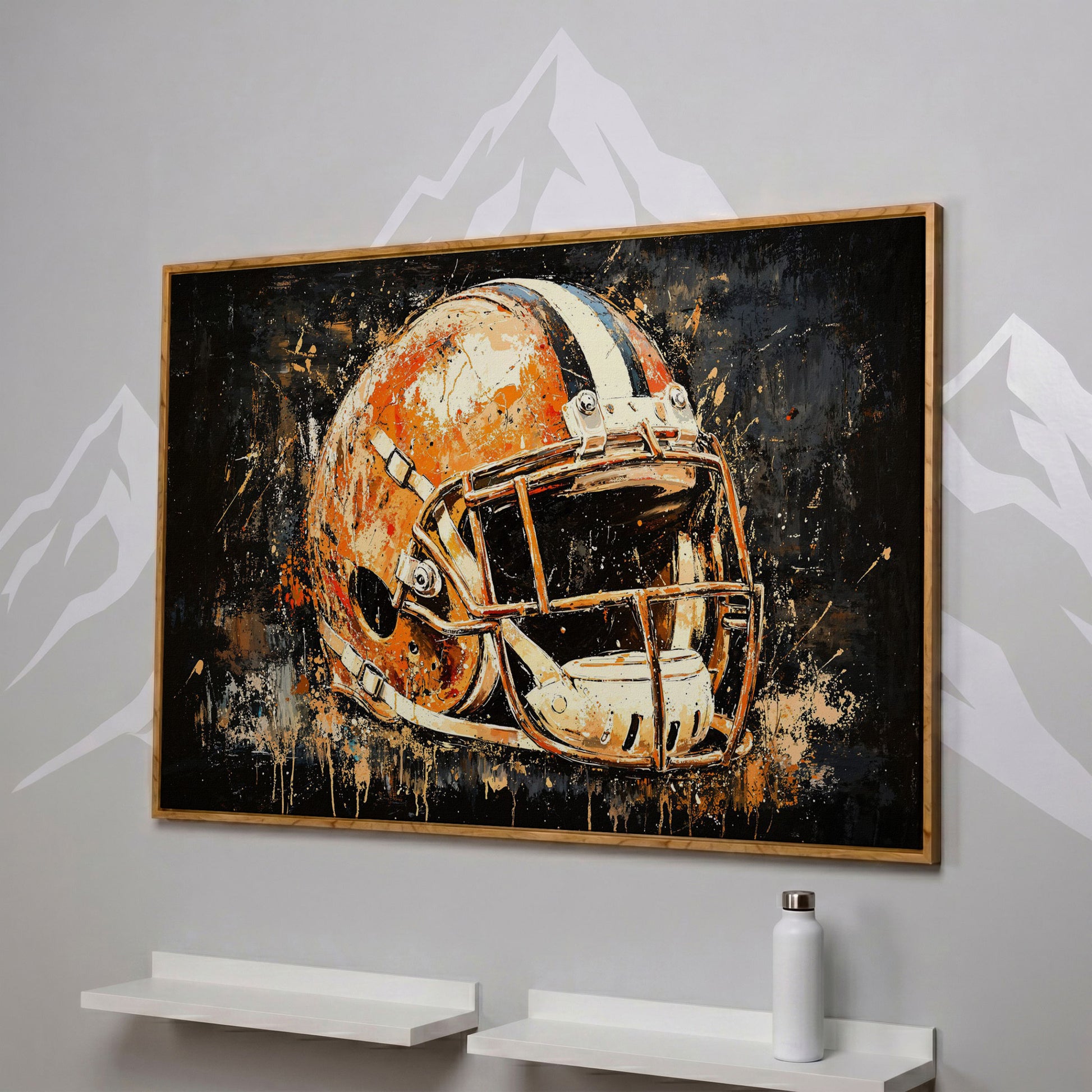 Abstract Football Helmet Canvas Print in Burnt Orange in white oak floating frame
