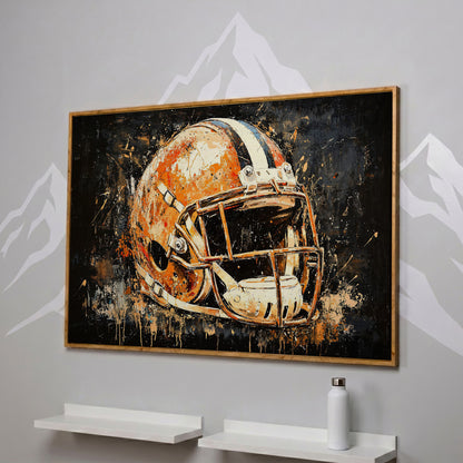 Abstract Football Helmet Canvas Print in Burnt Orange in white oak floating frame