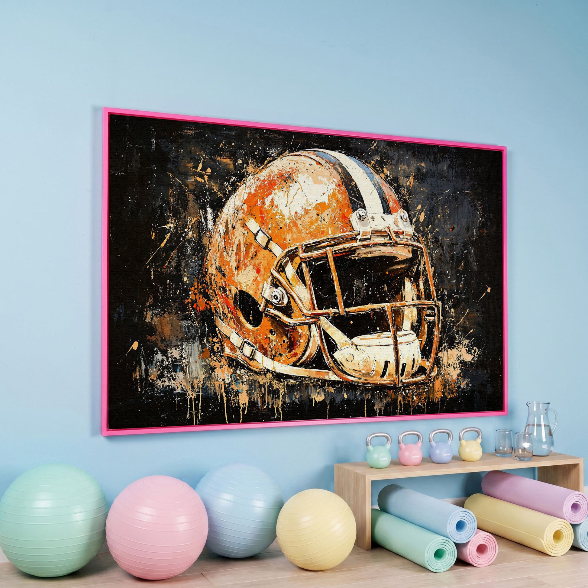 Abstract Football Helmet Canvas Print in Burnt Orange in pink floating frame