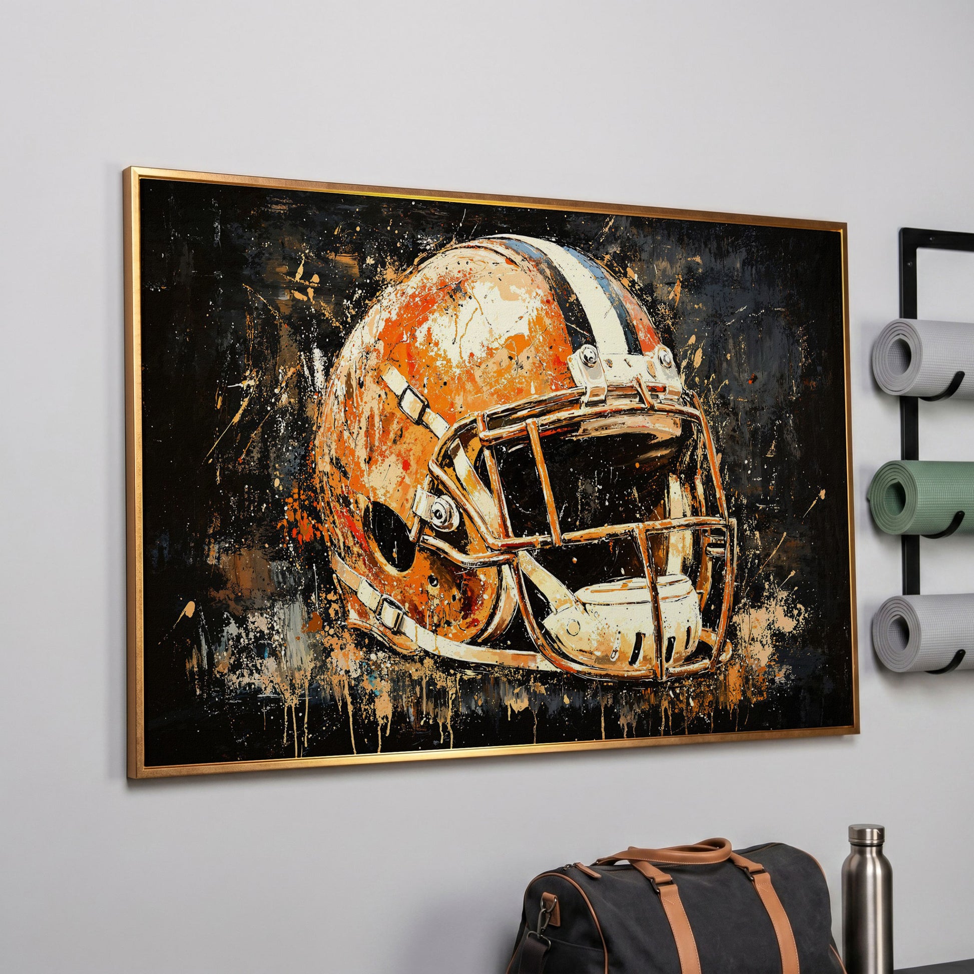 Abstract Football Helmet Canvas Print in Burnt Orange in rose gold floating frame