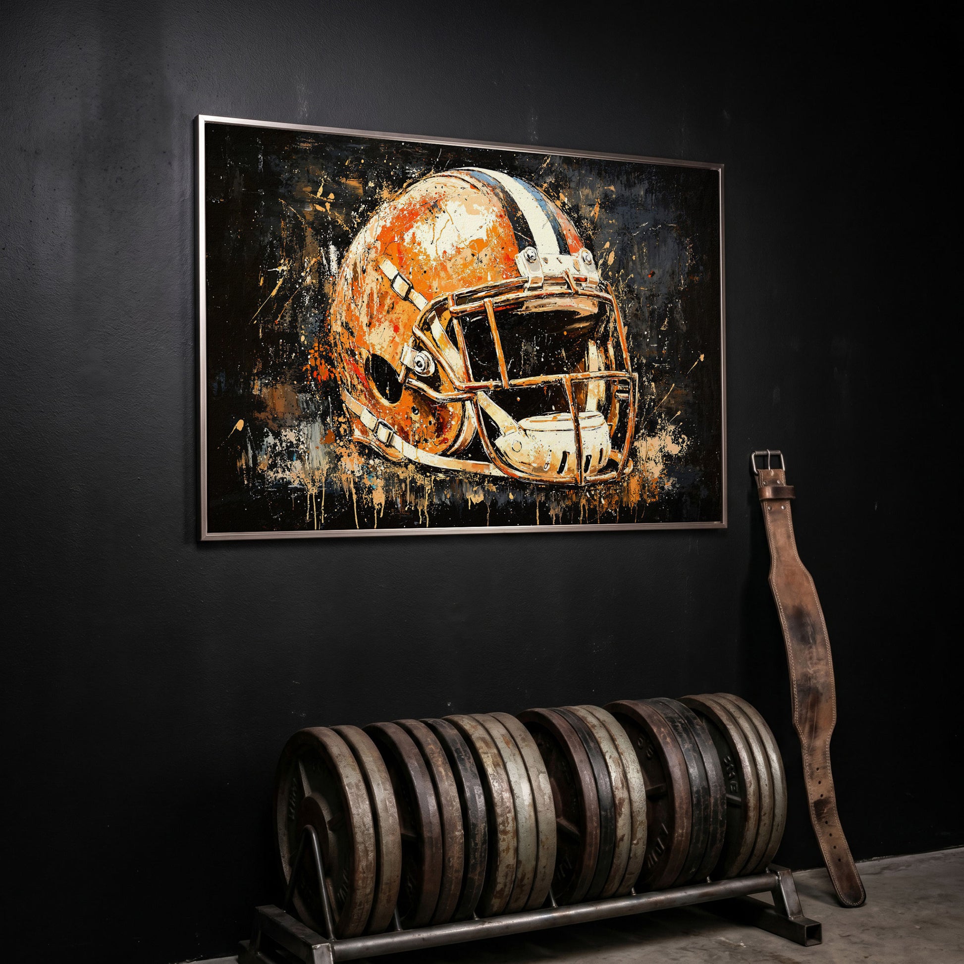 Abstract Football Helmet Canvas Print in Burnt Orange in silver floating frame