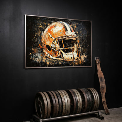 Abstract Football Helmet Canvas Print in Burnt Orange in silver floating frame