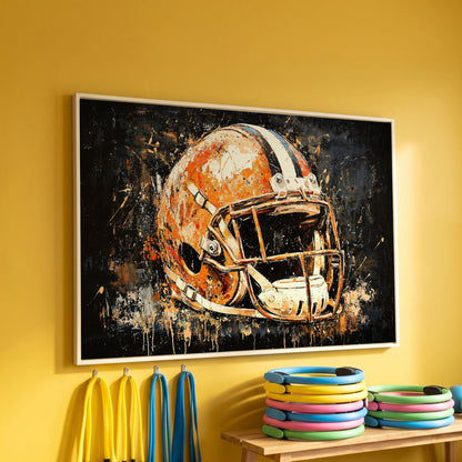 Abstract Football Helmet Canvas Print in Burnt Orange in white floating frame
