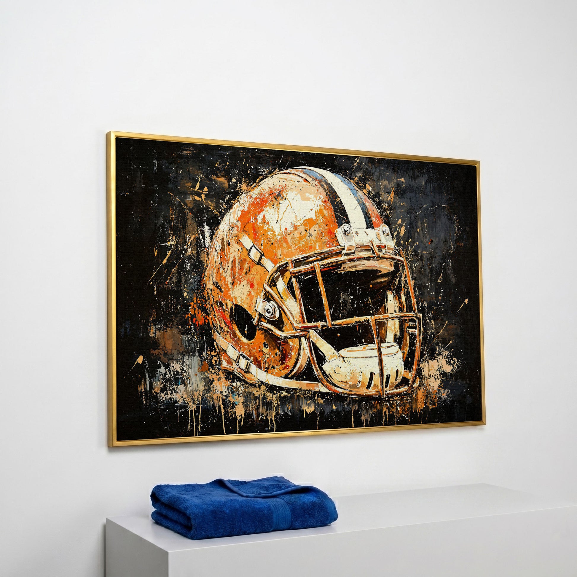 Abstract Football Helmet Canvas Print in Burnt Orange in yellow gold floating frame