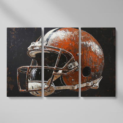 Vintage Football Helmet on Burnt Sienna Canvas as 3-panel split version