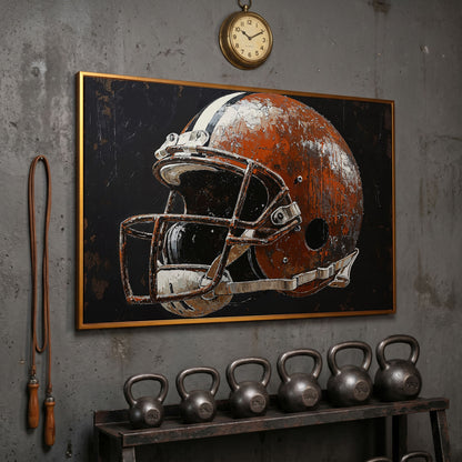 Vintage Football Helmet on Burnt Sienna Canvas in antique gold floating frame