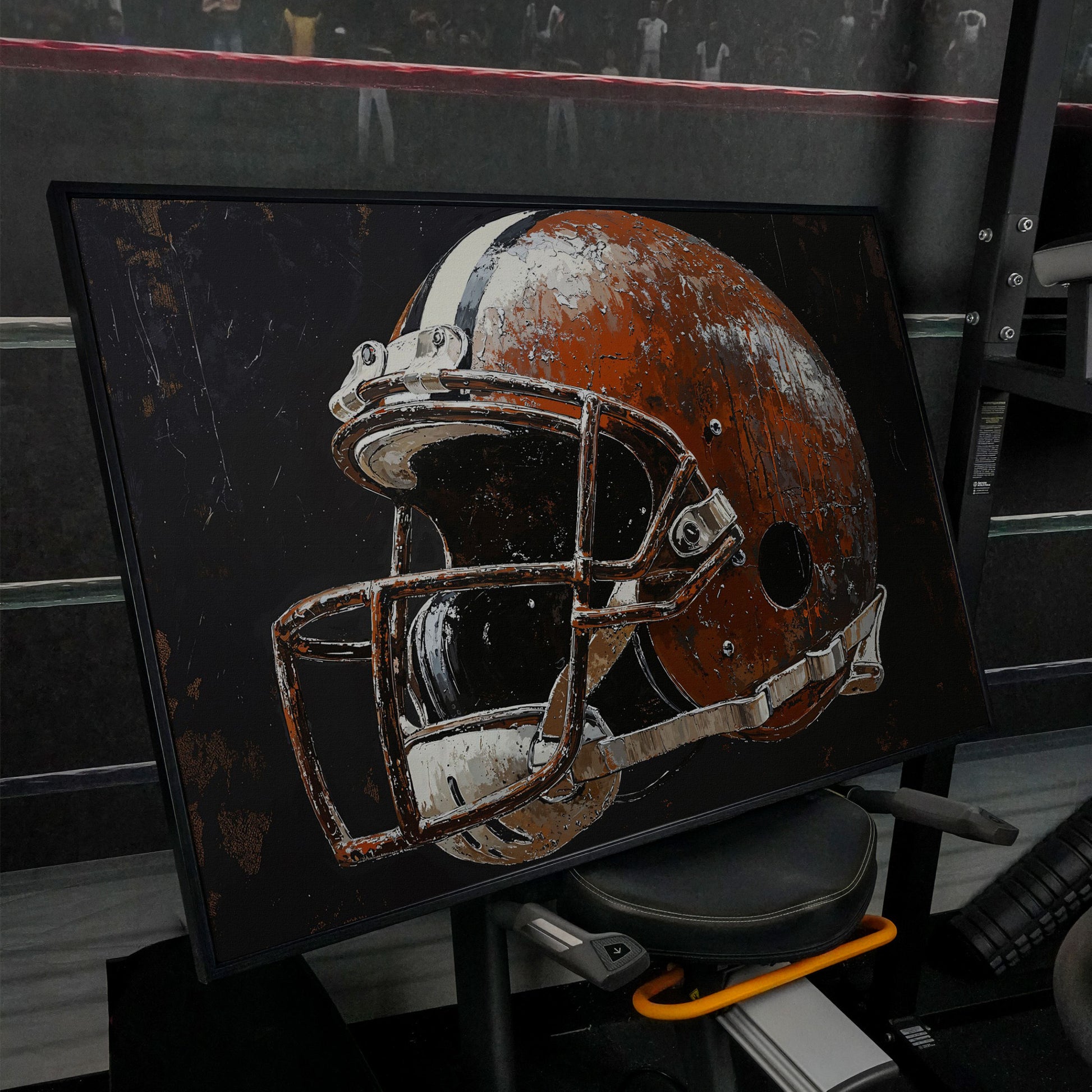 Vintage Football Helmet on Burnt Sienna Canvas in black floating frame