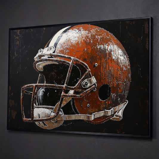 Vintage Football Helmet on Burnt Sienna Canvas shown in black floating frame